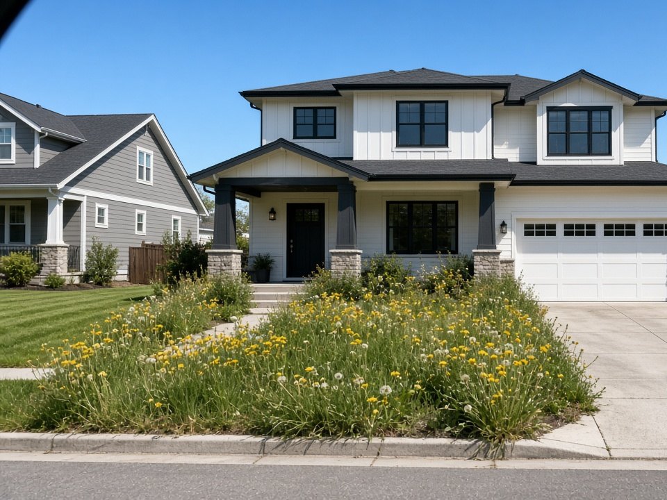 Approach photo of a white craftsman home whose front yard is overgrown with tall grass and dandelions.