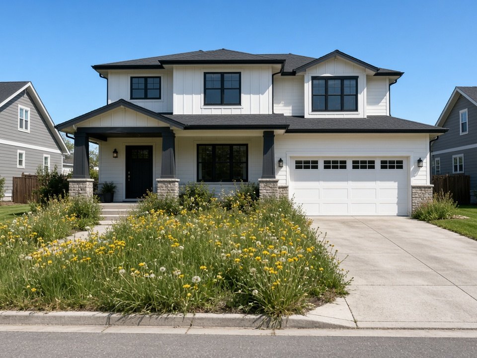 Anonymized demo property with an overgrown lawn, used in a sample ComplianceLens evidence packet.