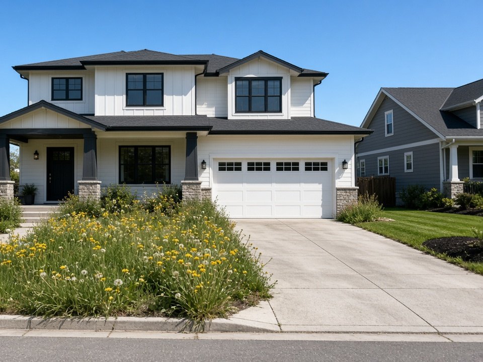 Passing photo of the same home and driveway, with the overgrown front yard beside it.