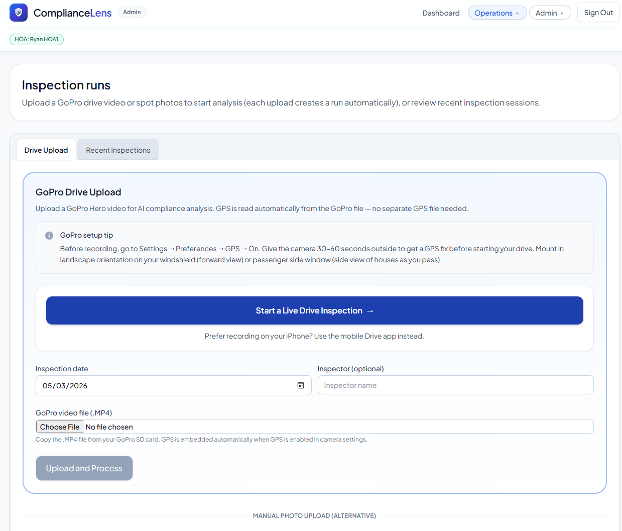 ComplianceLens automated community inspection with GPS property matching and AI analysis.